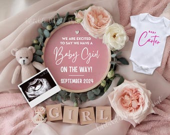 May include: A pink announcement with the text "We are excited to say we have a Baby Girl on the way! September 2024." A white onesie with "Baby Carter" in pink, a teddy bear, ultrasound image, and wooden blocks spelling "GIRL".