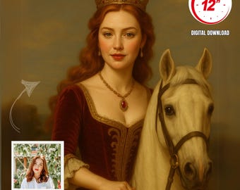 Retrato de reina personalizado a partir de foto, retrato vintage personalizado de reina real en estilo pintura al óleo, regalo para mamá, descarga digital