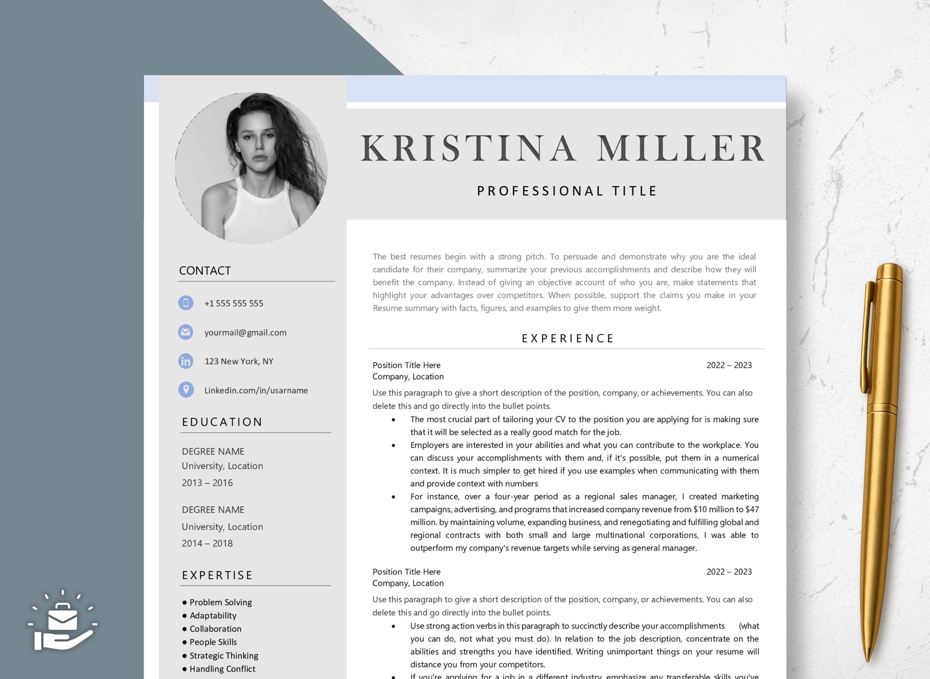 Modelo de Currículo Profissional em Word. Modelo de CV Profissional, Design de CV, Modelo de Currículo Executivo, Currículo Limpo, Azul Minimalista