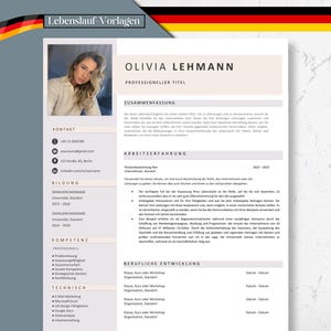 May include: A professional CV template featuring a photograph, contact details, and sections for education, skills, and experience. A gold pen is positioned on the right. The document is in German.