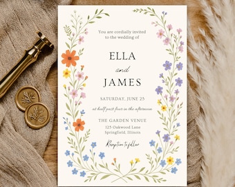Wildblumen-Hochzeits-Einladungsvorlage, bearbeitbare Boho-Blumenvorlage, druckbare Hochzeitseinladung, Wildblumen-Einladung, FLORAL