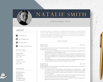May include: A professional resume template featuring a photo, name, and contact details. Sections include education, experience, and expertise. A gold pen is positioned on the right side of the document.
