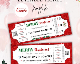 Billet de Noël modifiable, Billet de concert surprise, événement personnalisé, Billet de concert, Bon pour un billet cadeau imprimable, Modèle canva