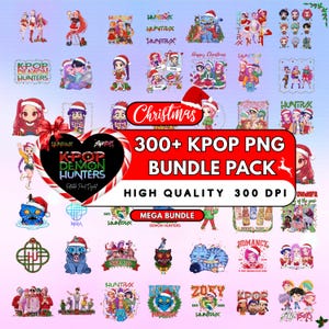 Peut inclure: Un ensemble d'art numérique avec des images PNG sur le thème de la K-Pop. La collection comprend divers personnages et motifs, avec le texte "Christmas" et "300+ KPOP PNG BUNDLE PACK". Les images sont étiquetées "K-Pop Demon Hunters" et "High Quality 300 DPI".