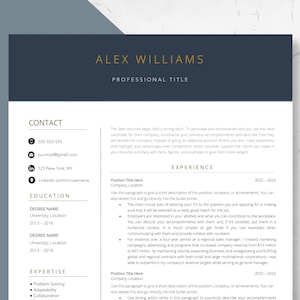 May include: A professional resume template with a navy blue header and gold text. The resume includes sections for contact information, education, experience, and expertise. A gold pen rests on the right side of the page.