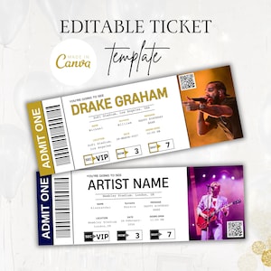 May include: Two editable ticket templates with the text "EDITABLE TICKET" and "Template". One ticket is gold and features "DRAKE GRAHAM" and the other is blue and features "ARTIST NAME". Both tickets have a VIP section, row 3, and seat 7.