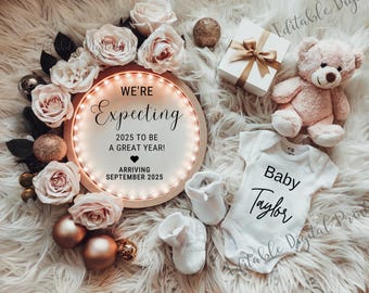 New Years Pregnancy Announcement, Editable Magical 2026 Baby Announcement, January Social Media Ultrasound Reveal, Neutral Christmas Wreath