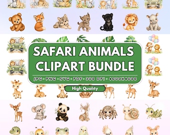 Safari Animals Clipart Bundle PNG SVG, Cute Jungle Animals Clipart, Baby Shower Safari, Safari Tumbler Wrap, T Shirt & Sticker PNG Clipart