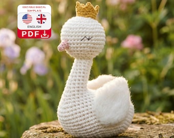 Swan Amigurumi Crochet Pattern PDF, Cute Swan Plush Toy Pattern, Crown Princess Swan, Nursery Decor, Baby Shower Gift, Digital Download