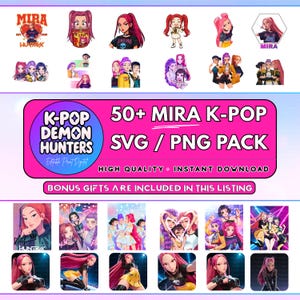 Pode incluir: Um pacote de arte digital com ilustrações temáticas de K-Pop. A imagem mostra vários designs de personagens com cores vibrantes e poses dinâmicas. O texto inclui "K-Pop Demon Hunters" e "50+ Mira K-Pop SVG / PNG Pack".