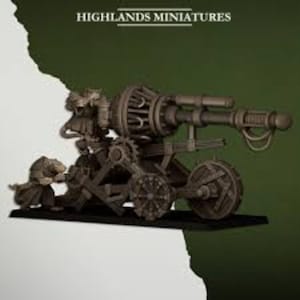 May include: A detailed miniature siege weapon model in dark brown. It features a complex mechanical design with a large barrel, wheels, and a figure. The text "HIGHLANDS MINIATURES" is displayed at the top of the image.