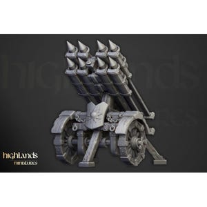 May include: A grey miniature siege weapon with multiple missile launchers and spiked projectiles. The model features a shield with a sun design, wooden wheels, and the text "highlands miniatures".