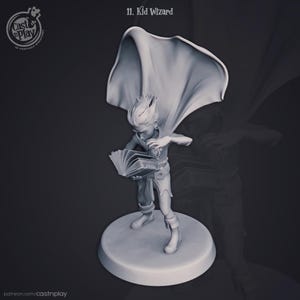May include: A 3D-printed miniature of a young wizard, holding a spellbook and wearing a cape. The figure is standing on a circular base. The text "11. Kid Wizard" is at the top. The Cast n Play logo is in the upper left corner.