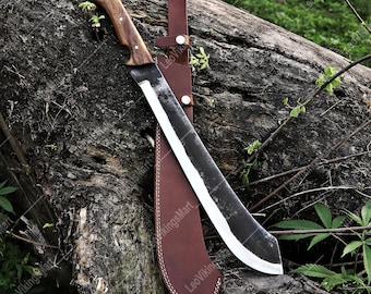 Hand Forged Carbon Steel Machete: Rosewood Handle, Leather Sheath