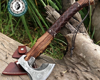 Personalized Viking Axe, Hand made Carbon Steel Camping Hatchet With Leather Sheath