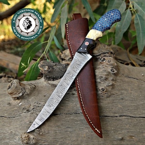 Hand Forged Damascus Steel Fillet Knife: Bone Handle, Leather Sheath