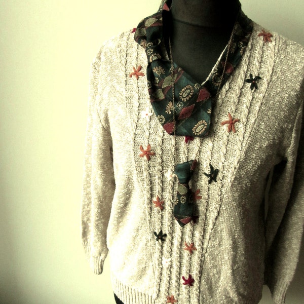 Upcycled Sweater / Creamy Beige Sweater detailed with a Man's Necktie / Mini Necktie Necklace / Women Tops Sweaters / Upcycled Clothing