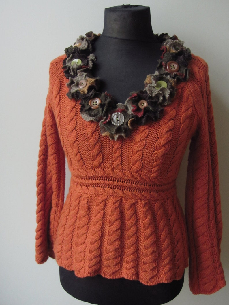 Burnt Orange Cable Knit Sweater with Sweater Flowers / Etsy