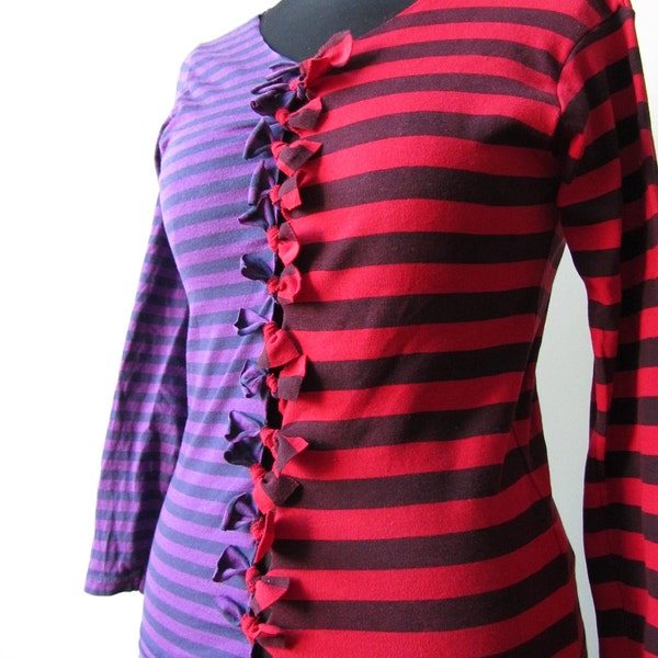 Upcycled Tshirt - Purple Stripes vs. Red and Black Stripes Knotted Tshirt - Womens Upcycled Clothing - Size Medium Large