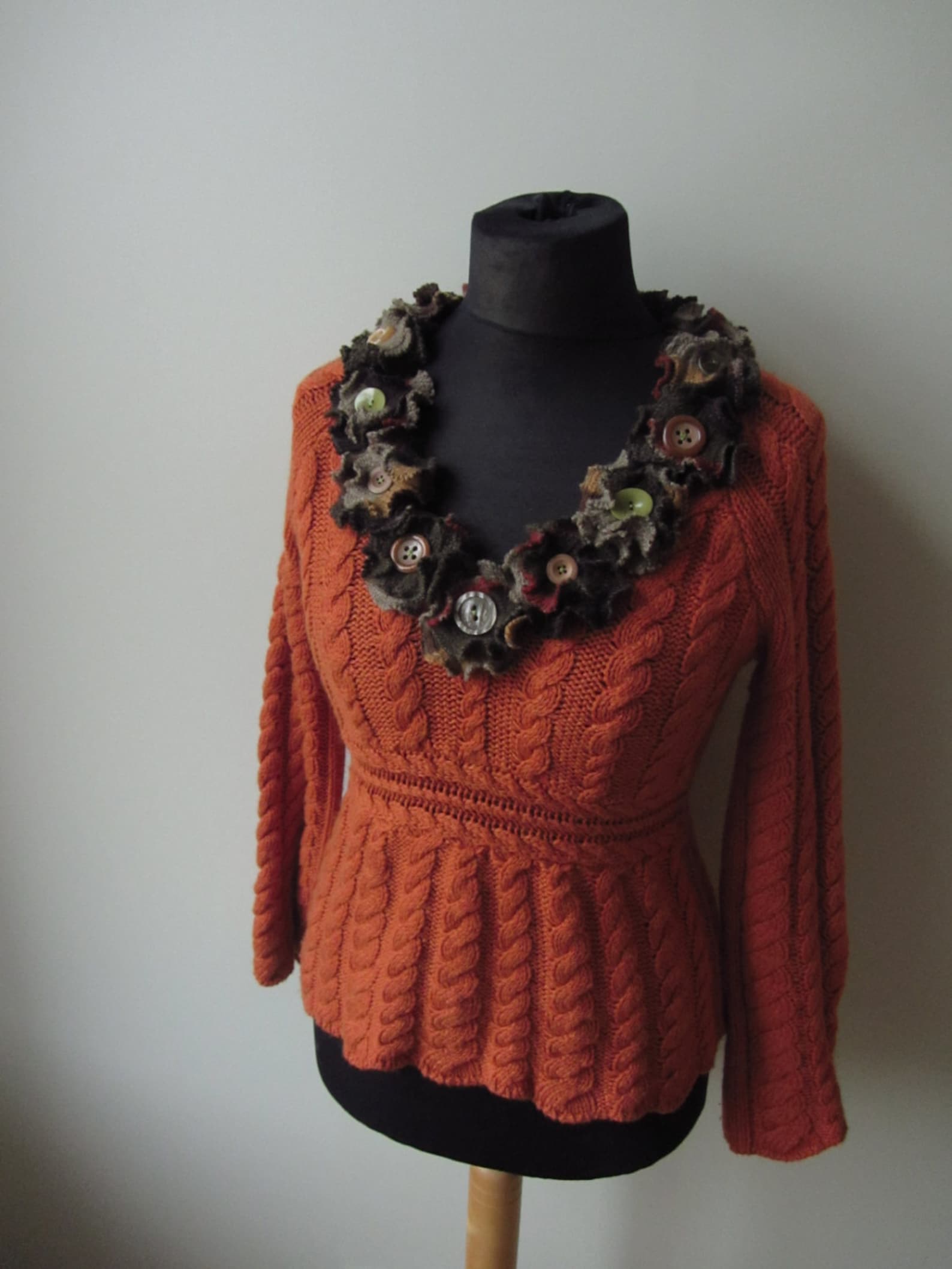 Burnt Orange Cable Knit Sweater with Sweater Flowers / Etsy