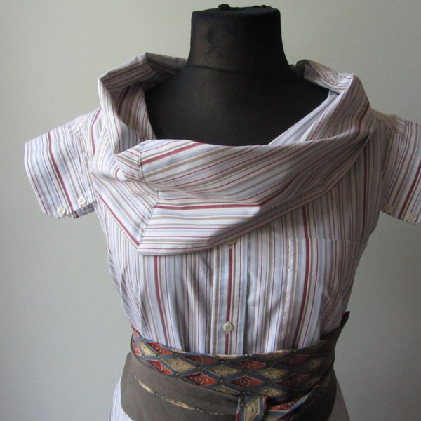 Cowl Neck Shirt with Belt, Upcycled Clothing, Hipster Shirt, Oversized Shirts, Boyfriend Shirt, Striped Tunic, Street Style Clothing