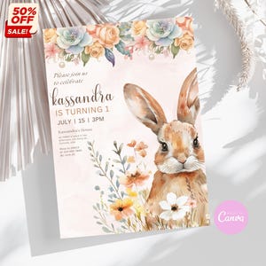 Bunny 1st Birthday Invitation: Floral Rabbit, Editable (Digital Download)