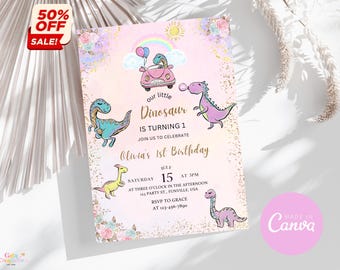 May include: Pink and gold dinosaur-themed first birthday party invitation with a pink car, dinosaurs, and flowers. The invitation says "Our little dinosaur is turning 1. Join us to celebrate Olivia's 1st birthday."  The invitation includes the date, time, and location of the party.