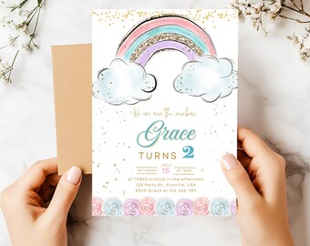 Pastel Rainbow Birthday Invitation: Editable Kids Party Invites (Digital Download 5x7in Template)