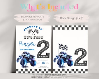 Monster Truck 2nd Birthday Invitation: Two Fast Party (Editable Digital Download)