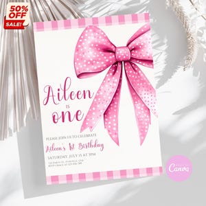Pink Bow 1st Birthday Invitation: Coquette Theme (Printable Template)