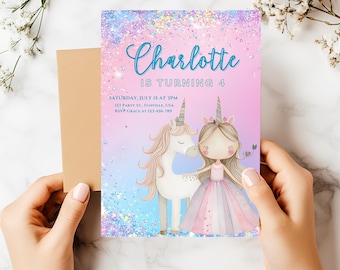 Plantilla editable de invitación de cumpleaños de princesa unicornio: Sparkle Four Ever Magical (descarga digital)