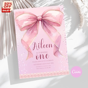 Pink Bow 1st Birthday Invitation: Coquette Ribbon Template (Digital Download)