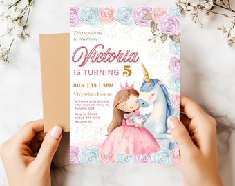 May include: A pink and blue birthday invitation with a unicorn and a princess. The invitation says "Please join us to celebrate Victoria is turning 5. July 15 | 3PM. Victoria's House at THREE o'clock in the afternoon 123 Party St. Funville, USA. RSVP to GRACE at 123-456-7890 By June 20."