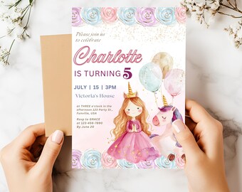 May include: A pink and purple birthday invitation with a watercolor illustration of a girl in a pink dress and a unicorn. The text on the invitation reads "Please join us to celebrate Charlotte is turning 5 July 15 3PM Victoria's House at THREE o'clock in the afternoon 223 Party St., Funville, USA Rsvp to GRACE ot 123-456-7890 By June 20".