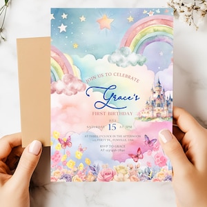 Editable Rainbow 1st Birthday Invitation: Pastel Party Invite (Digital Download)
