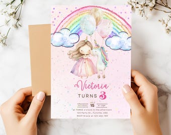 May include: A pink birthday invitation with a rainbow, clouds, and a unicorn with a girl in a pink dress. The text reads "Victoria Turns 3" with the date and time of the party.