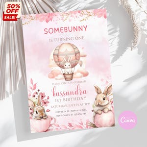 Pink Bunny 1st Birthday Invitation Template (Digital Download)