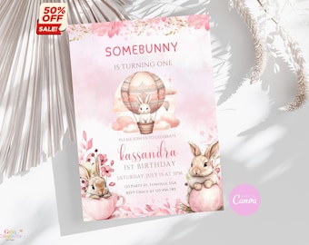 Modèle d'invitation pour le 1er anniversaire d'un lapin rose (téléchargement numérique)