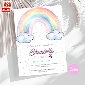 Pastel Rainbow Birthday Invitation: Editable Girl Party Invite (Digital Download)