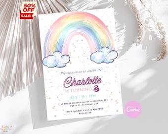Pastel Rainbow Birthday Invitation: Editable Girl Party Invite (Digital Download)