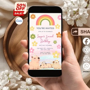 Editable Capybara Phone Birthday Invitation | Cute Capybara Birthday Mobile Invite | Capy Birthday, Kawaii Capybara Invites | Capybara Party