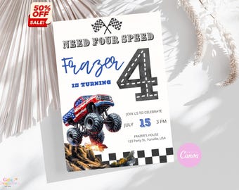Invitación para el 4.º cumpleaños de Monster Truck: Need Four Speed (Digital)