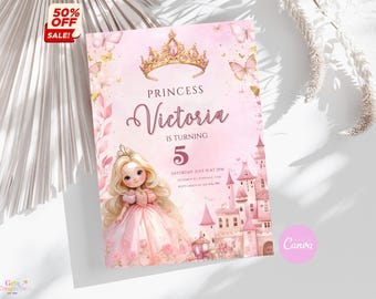 Plantilla de invitación de cumpleaños de princesa: Invitación a fiesta en el castillo (Descarga digital)