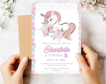 Editable Unicorn Birthday Invitation: Pastel Pink Party Theme (Digital Download 5x7in Template)