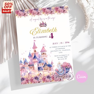 Floral Princess 4th Birthday Invitation: Pink Castle (Editable Digital Template)