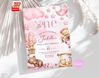 Pink Bear First Birthday Invitation: Hot Air Balloon (Editable Digital Template)