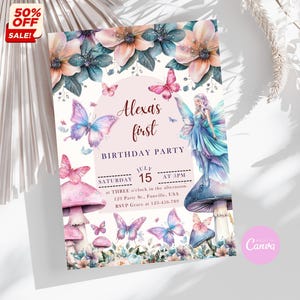 Butterfly Birthday Invitation, 1st little Birthday Invite, Floral Butterfly Birthday Invites Editable Pink Purple Butterfly Party Theme Girl