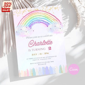 Editable Rainbow Birthday Invitation: Pastel Girl&#39;s Party (Digital Download)