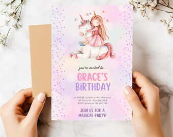 Plantilla editable de invitación de cumpleaños de princesa unicornio: Sparkle Four Ever Magical (descarga digital)