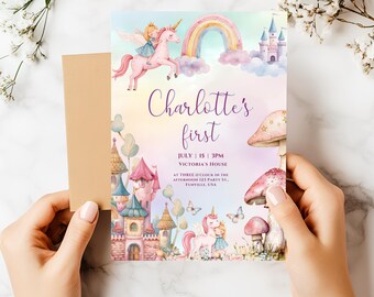 May include: A pastel pink and purple invitation with a rainbow, a unicorn, and a castle. The text reads "Charlotte's first" and includes details for a birthday party.